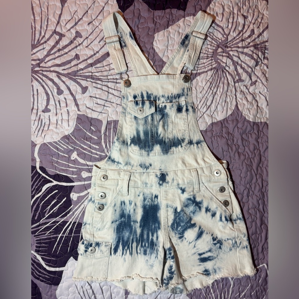 No Boundaries Blue Tie Dye Shortall Juniors Women XS Cotton Denim Overalls